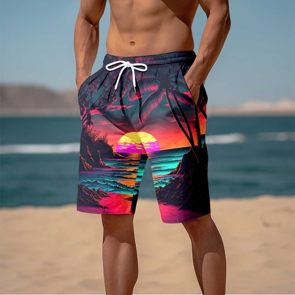 CONZONE Mens Swim Trunks Hawaiian Graphic Y2K Board Shorts for Men Elastic Waist Drawstring Lightweight Quick Dry Summer Beach Swim Shorts With Pocket