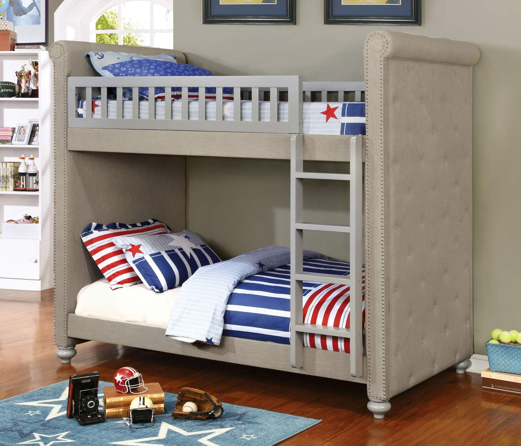 Furniture of America Callas Linenlike Fabric Bunk Bed, Twin, Gray