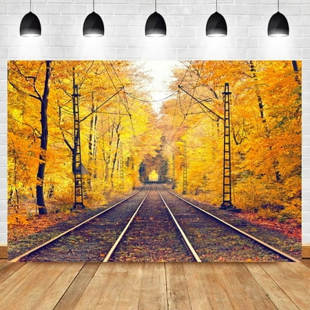 Image of Autumn Forest Tree Railway Station Road Yellow Maples Scenic Photo Background Photographic Backdrop Photo Studio