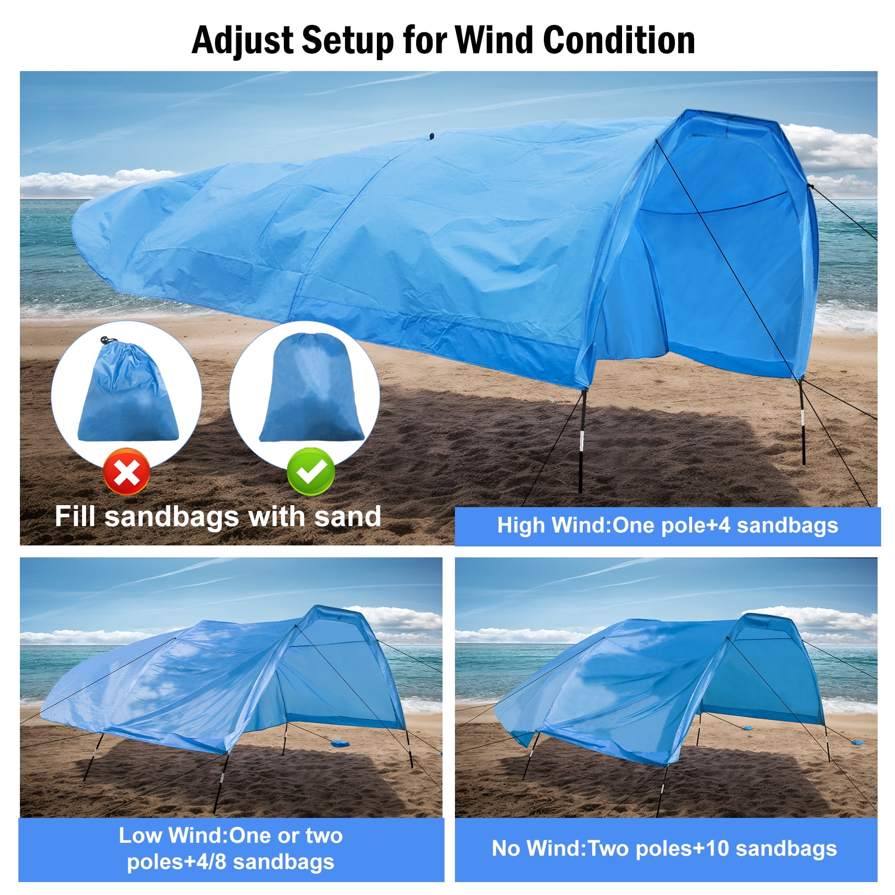 New Beach Shade with Quiet Canopy, The Beach Shade Canopy，Beach Canopy - Covers Up to 8 People, 200 Sq. Ft. of Shade, Sets Up in 3 Minutes, Lightweight, Compact, Wind Assist Included