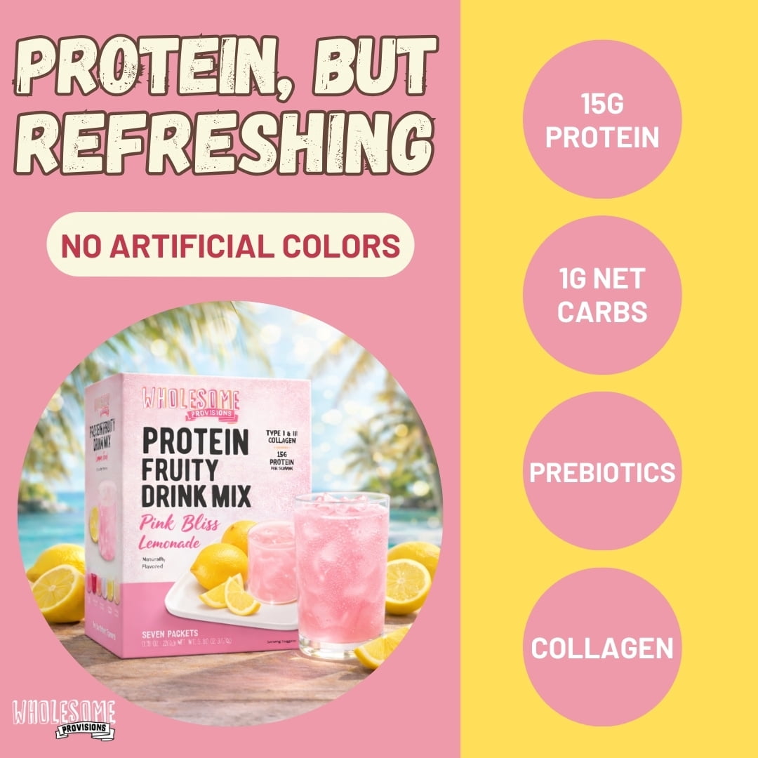 Protein Fruit Drink Mix, 15g Protein, Low Sugar, Collagen + Prebiotics, No Artificial Colors or Dyes, Refreshing by Wholesome Provisions(Pack of 5, Pink Lemonade)