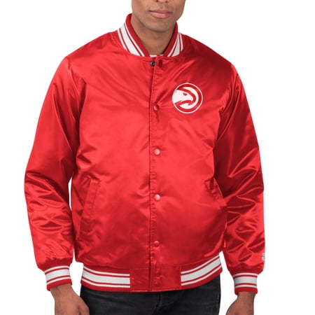 Men s Starter Red Atlanta Hawks Printed Team Name Satin Varsity Full-Snap Jacket