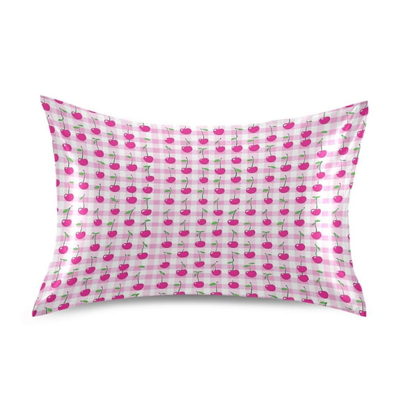 Satin Pillow Case Standard Silk Pillow Cover for Hair and Skin Envelope Closure Cherry on Gingham 20"x26"