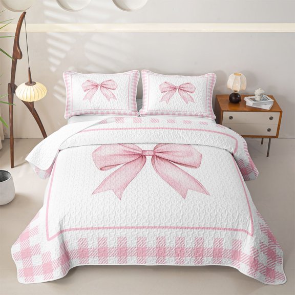 Erosebridal Watercolor Bow Twin Quilt Set for Girls, Pink Plaid Buffalo Twin Coverlet Set for Women, 2 Pieces