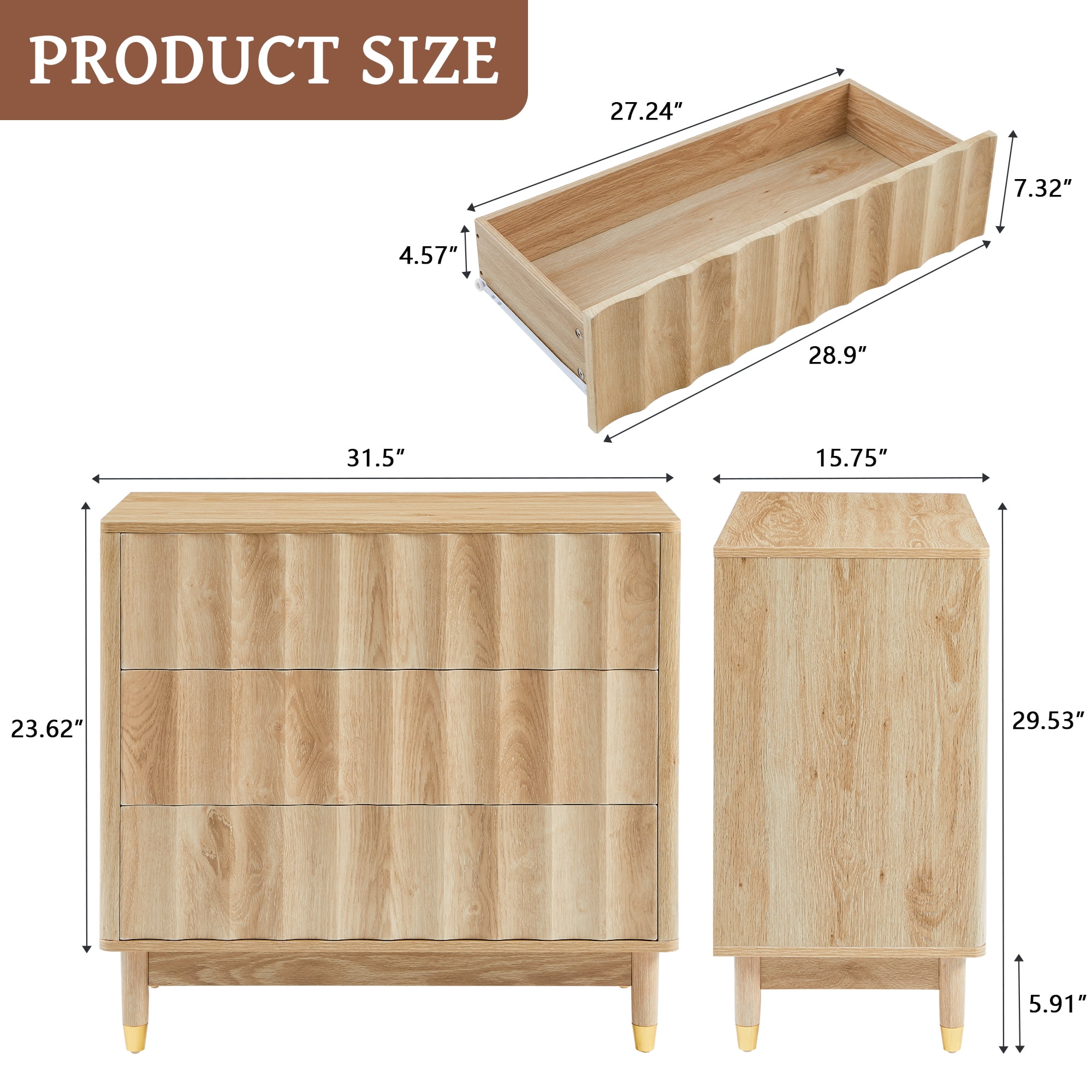 LEFHDA 31.5" Dresser Fluted 3 Drawer Dresser, Small Modern Chest of Drawers, Wood Storage Dressers Organizer Storage Cabinet for Bedroom Living Room Hallway Entryway