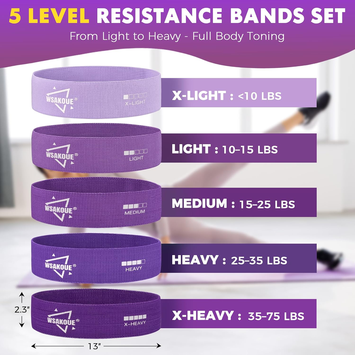 JJEAN-Fabric Resistance Bands for Working Out – 5 Booty Bands for Women & Men, Exercise Workout Bands for Legs, HIPS & Glutes – Ideal for Home Fitness, Yoga, Pilates & Rehab