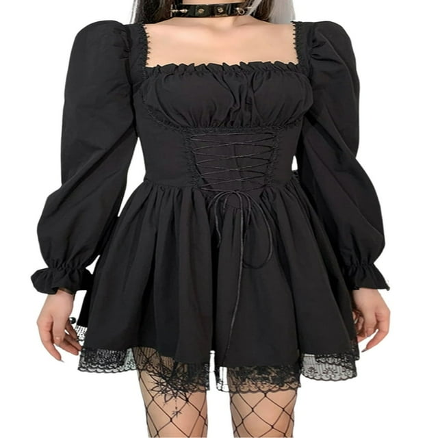 Women Gothic Punk Vintage Puff Sleeve Lace Mini A Line Lolita Dress