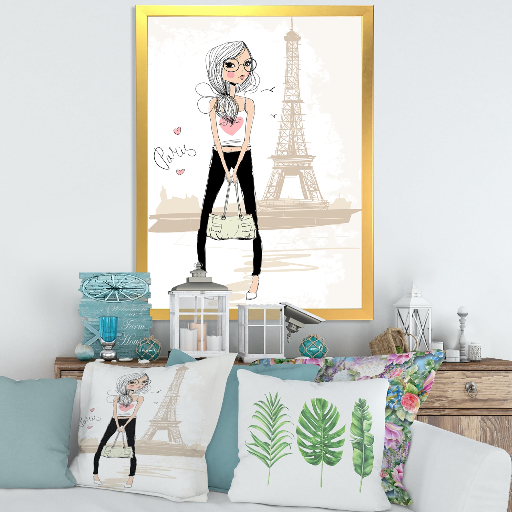 Designart 'Cute Girl By The Tour Paris Eiffel Tower' Children's Art Framed Art Print