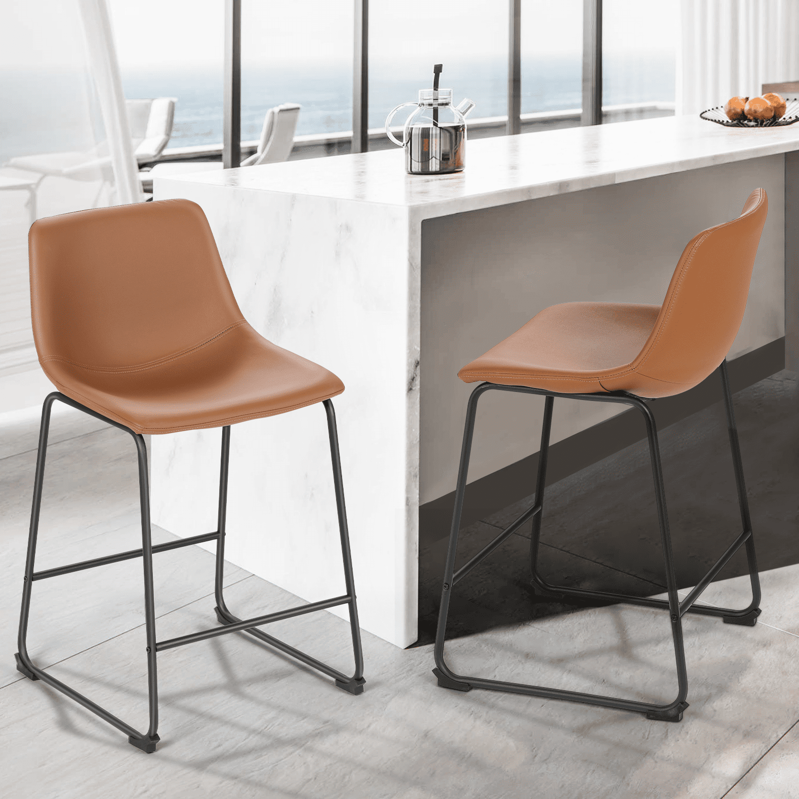 Magshion Modern Barstools Set of 2, PU Leather Counter Height Bar Stools, Dining Pub Chairs with Padded Bucket Seat, Brown