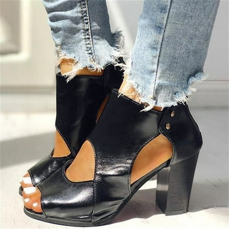 

Aayomet Sandals for Women Dressy Summer Ladies Fashion Vintage Solid Color Leather Open Toe Back Zip High Heel Sandals Black 7