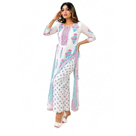 Women's Viscose Rayon Printed Straight Kurta with Pant Set (Small)
