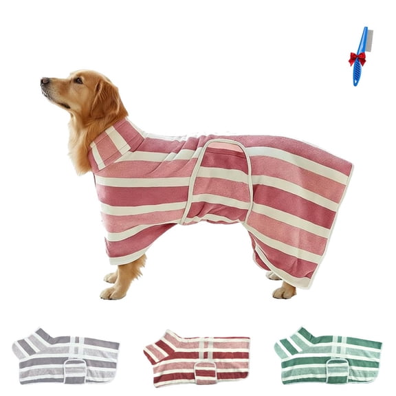 Dog Bathrobe Drying Towel, Pet Quick Dry Striped Towel Robe with Adjustable Strap, Super Absorbent Microfiber Drying Coat, Warm Keeping Dogs Cats Bath Supplies for Puppy Medium & Large