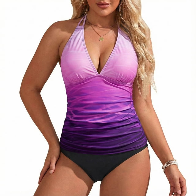 Krdevn Stylish Printed Tankini Two Piece Swimwear Set High Waisted Bikini with Adjustable Straps