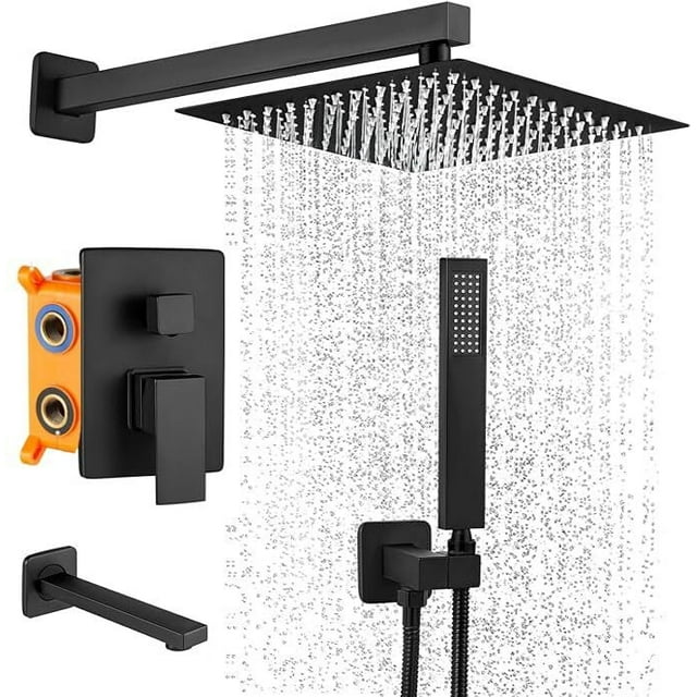 Grifos de Ducha Empotrados Set, Sistema de Ducha, 304 Acero Inoxidable Regaderas para Baño con Cabeza de Ducha de Lluvia de Alta Presión y Ducha de Mano, Caño de Bañera, Negro