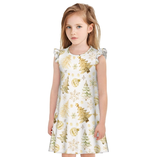 Balery Gold Christmas Tree Camisón de princesa para niñas, pijama de algodón con mangas abullonadas, suave y bonito.-Small
