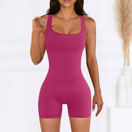 CLOISE Shorts for Women Summer Snug Fitted Biker Shorts Fashion Sexy Solid Elastic Sleeveless Zipper Short Jumpsuit Yoga Shorts Hot Pink S
