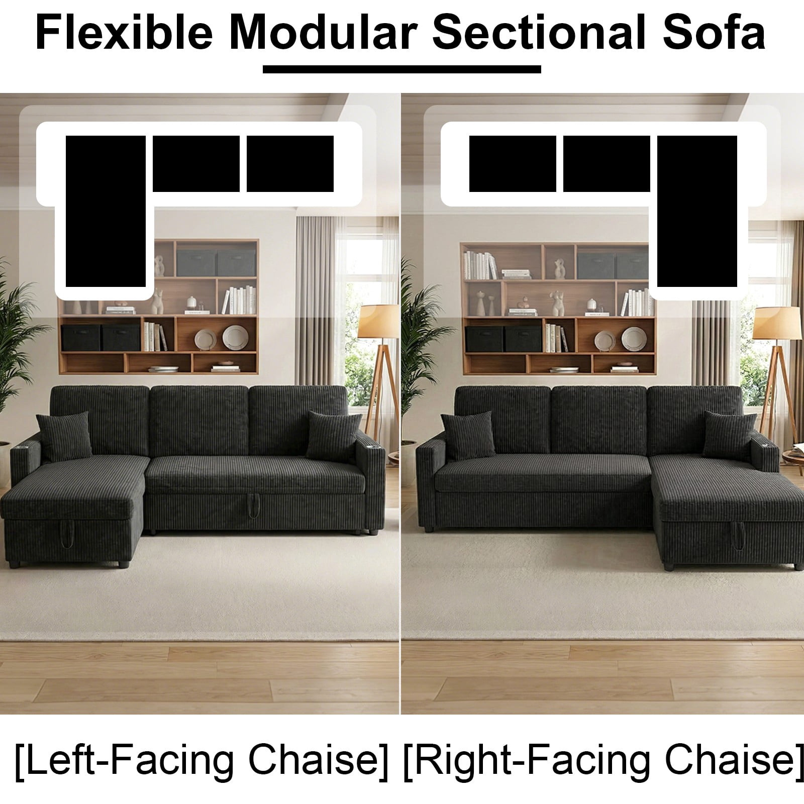LLappuil Sectional Sofa, 84" Sectional Couch with Storage Chaise, Small Desktop, Cup Holders, Charging Port Convertible Sofa Bed, Corduroy Pull Out Sofa Bed for Living Room Black