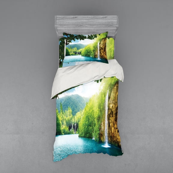 Ambesonne Landscape Bedding Set 3 Pcs, Crotian Lake Forest, Twin, Green and Blue