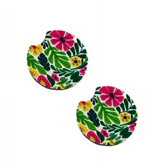 Women's Bright Island Floral Print 2 Pack, 2.5" Absorbent Neoprene Coasters for Car, Absorbent Car Cup Holder Coasters