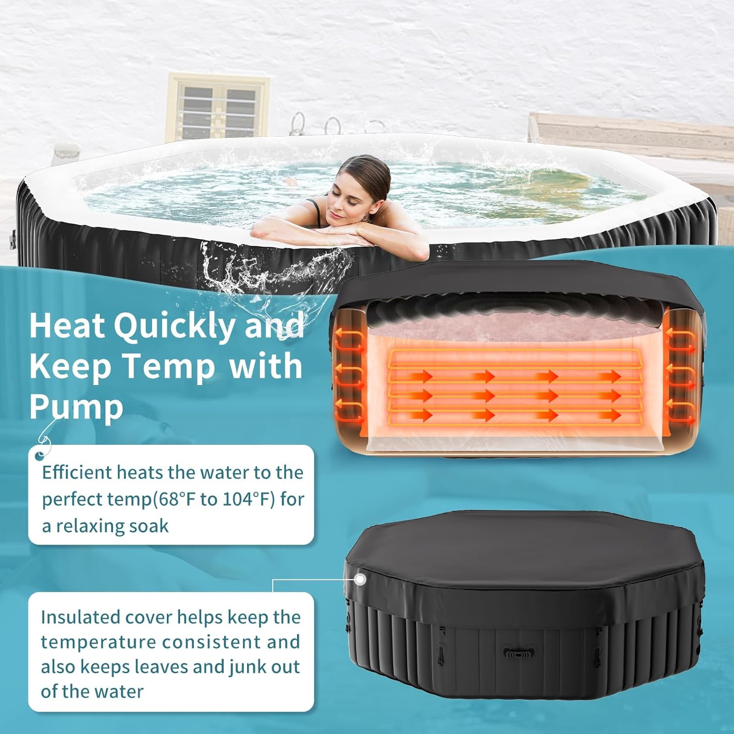 Inflatable Hot Tub 77"X 77"X 25", 4-6 Person Large Polygon Outdoor Spa Blow Up Hottubs with 130 Bubble Jets, Blow Up Air Hot Tub with Heater Pump and Side Table, Insulated Cover, 2 Filter Cartridges