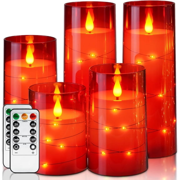 Homemory Flameless Candles with Embedded Star String Fairy Lights, Battery Operated Candle, LED Candles, Fake Candles with Remote Control and Timer, Red, Set of 5(H4 5" 6" 8" 8")