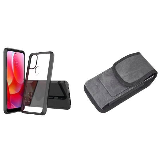 Bemz Case Bundle for Moto G Power 2022 - Fusion Impact Resistant Protection Cover (Black/Clear Back) with Vertical Nylon Belt Holster Phone Carrying Pouch (Dark Grey)