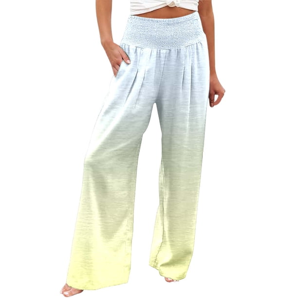 Pantalones anchos de cintura alta elástica con estampado veraniego para mujer: estampado digital por pulverización, cintura alta de tres cortes, pierna ligeramente ajustada, bolsillos ocultos.