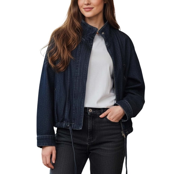 Jane Wardrobe Batwing Sleeve Stand Collar Denim Jacket for Women, Adjustable Drawstring Hem Full Zip, Casual Dark Wash Fall Outerwear, 1 Piece, XS-L