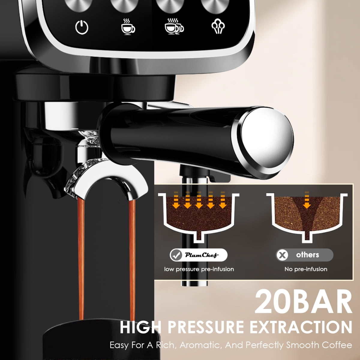20BAR Slim Vertical Espresso Machine with Milk Frother, Built-in Cup Warmer, 43 OZ Detachable Tank, for Rich Espresso, Americano, Latte, Compact Space-Saving Design, Screen Button,Black