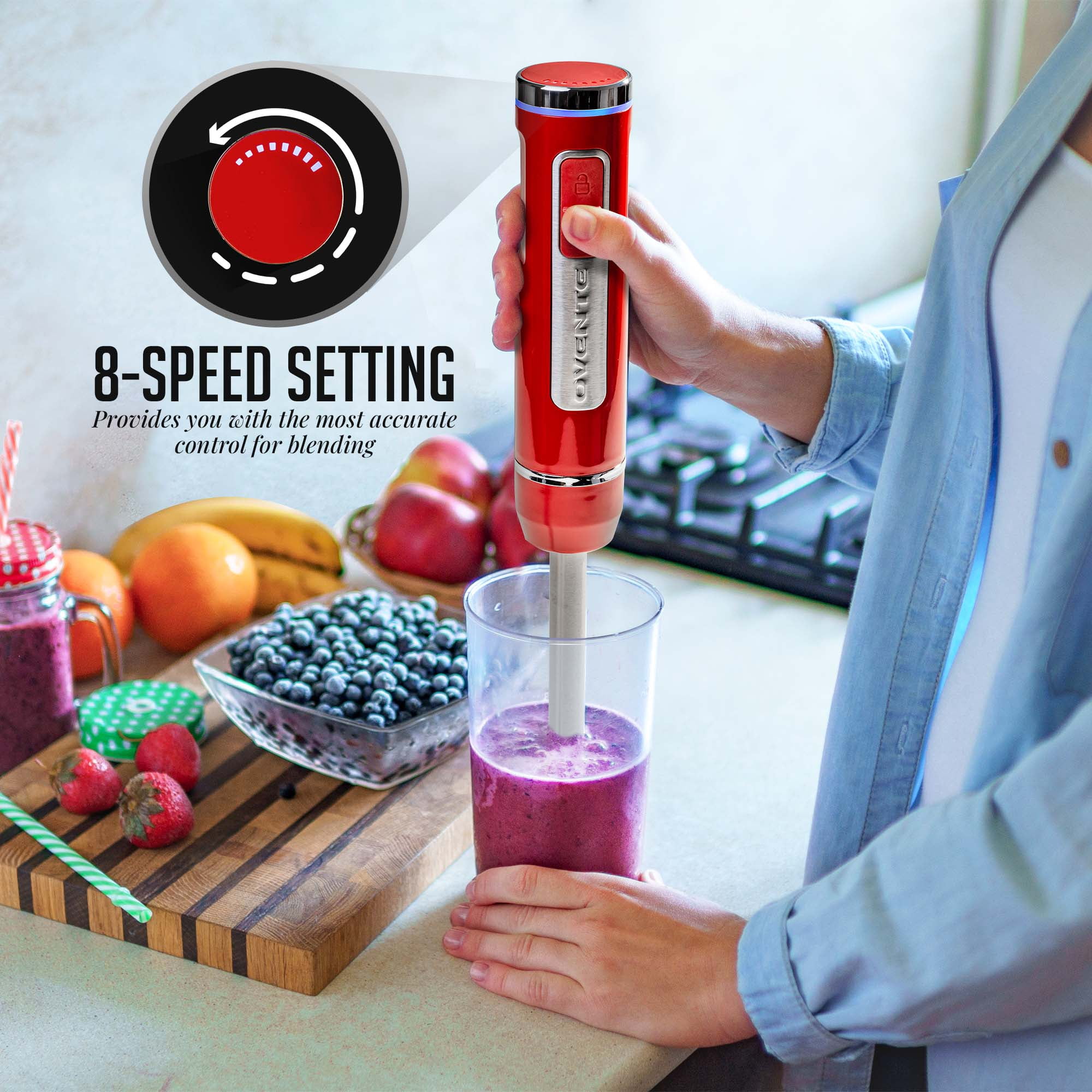 OVENTE Electric Immersion Hand Blender, 2 Mixing Speed with Stainless Steel  Blades, New- Red HS560R 