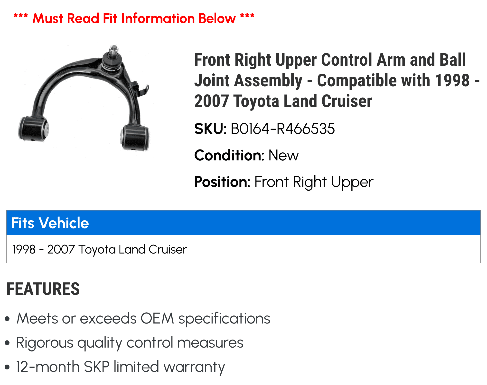 Front Right Upper Control Arm and Ball Joint Assembly - Compatible with 1998 - 2007 Toyota Land Cruiser 1999 2000 2001 2002 2003 2004 2005 2006