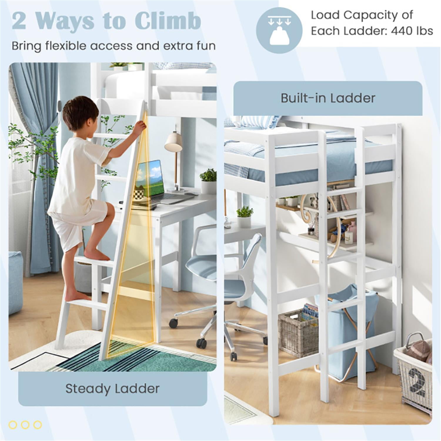 Demi Bonn Loft Bed Twin Size, Solid Wood Loft Bed with Desk Angled and Built-in Ladder, Modern Wooden Playhouse Bed Frame, White