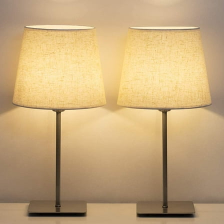 Bedside Table Lamps Set of 2, Square Desk Lamp Metal Base & Fabric Shade Silver
