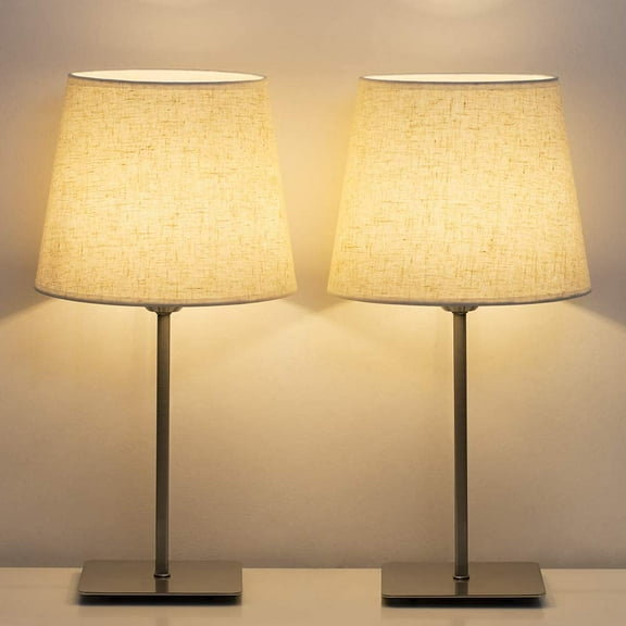 Bedside Table Lamps Set of 2, Square Desk Lamp Metal Base & Fabric Shade Silver
