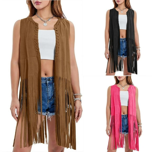 HaiMao Womens Fringe Vest Clearance 70s Hippie Costume Sleeveless Cowgirl Western Faux Suede Tassel Leather Outerwear Hot Pink 10(XL)