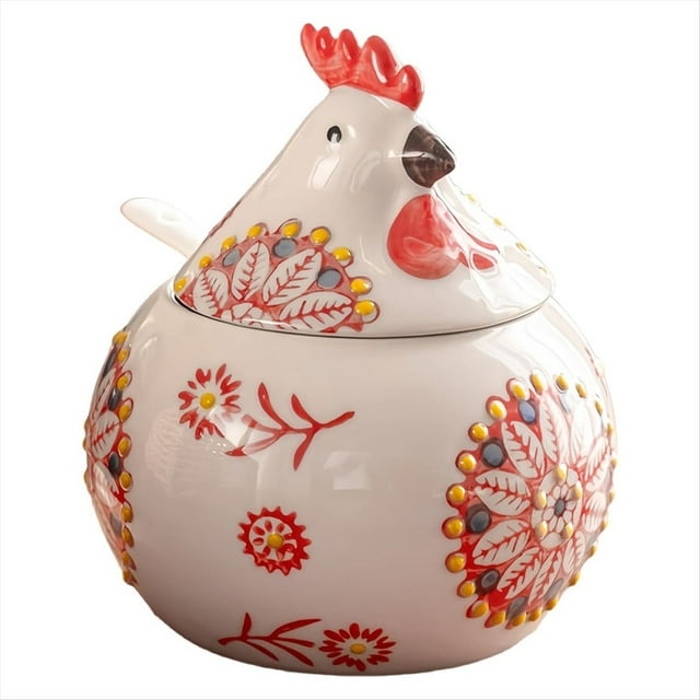 Salero de Cerámica con Tapa y Cuchara, Tarro Grande de 13 Oz con Forma de Pollo, Soporte para Sal para Mostrador, Café y Dulces, Color Rojo.