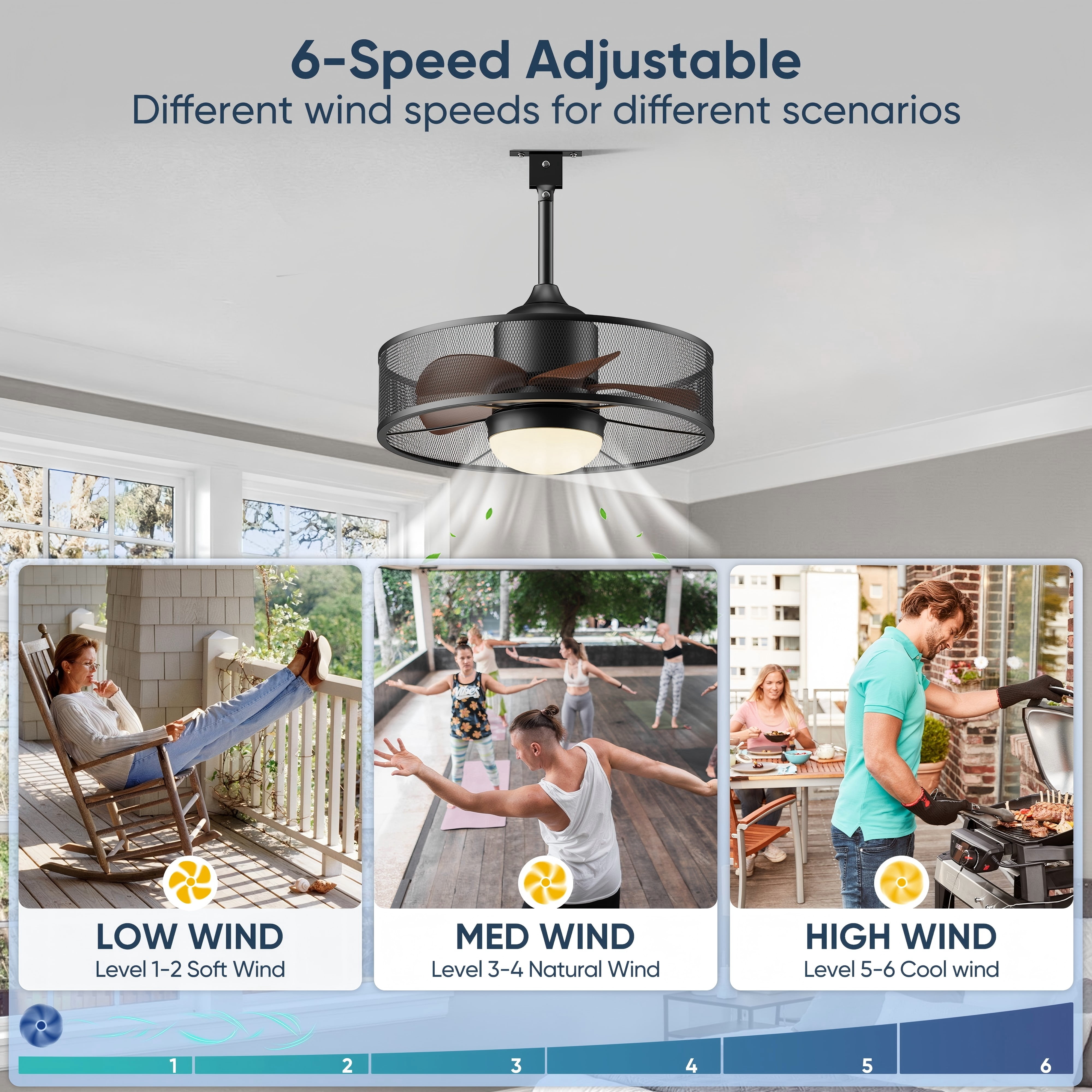 19.1" Ceiling Fan with Light Remote Control, Black Modern Waterproof Pendant Light Gazebo Fan for Outside Porch Patios