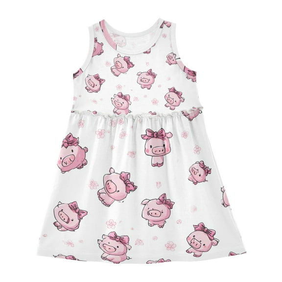 Girls Dress Cute Piggy Sleeveless Dress for Girls Hem A-Line Casual Sundress