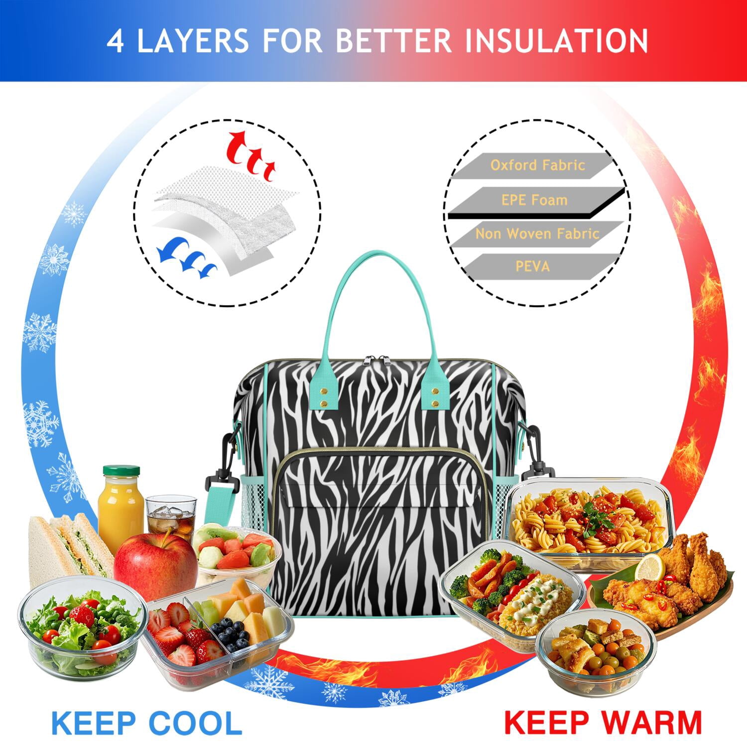 Zebra Stripes Aesthetic Lunch Box – Black & White Abstract Zebra Print Insulated Cooler Bag Leakproof Reusable Tote with Strap for Office Beach or Gift