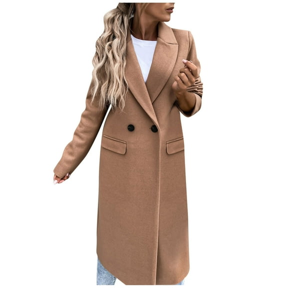 Gibobby Womens Trench Coat Winter Lapel Double Breasted Long Pea Coat Casual Work Office Overcoat with Pocket(Khaki,M)