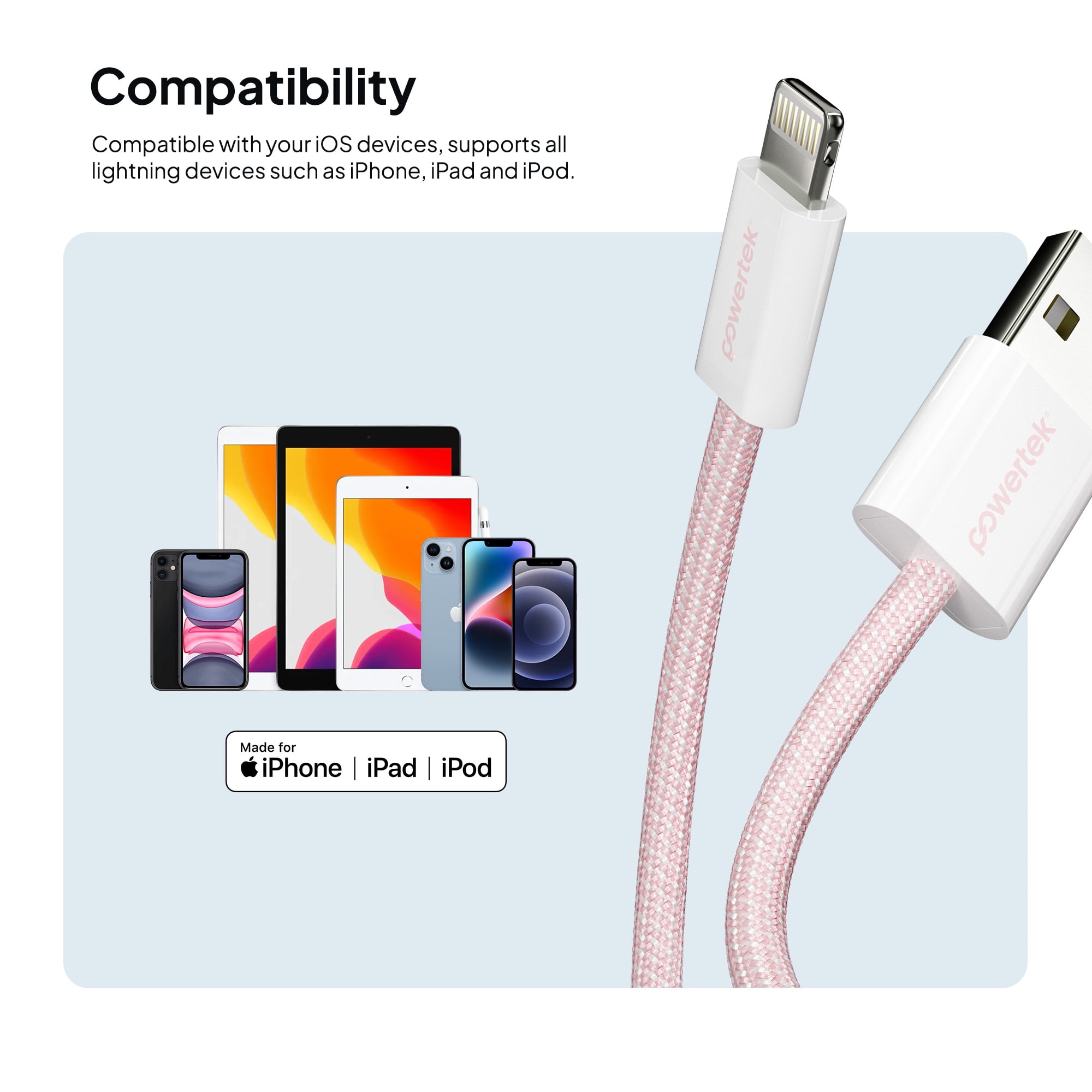 Liquipel Powertek Pastel Braided USB-A to Lightning - Pink
