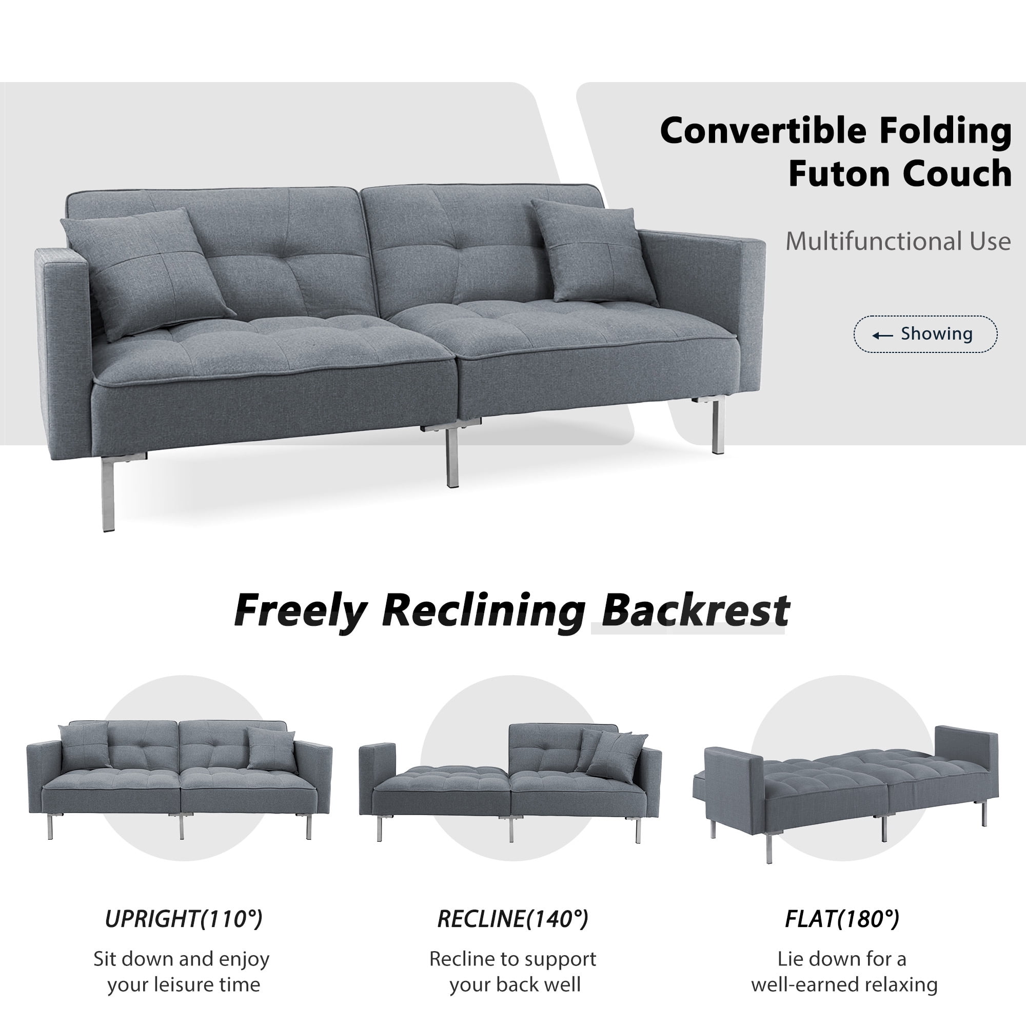 Aukfa 76" Futon Convertible Sofa Bed, Arm Couch for Home Office, 2 Pillows, Linen, Gray