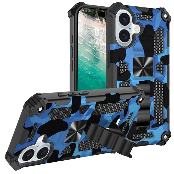 Feishell Case for iPhone 17,Shockproof Hybrid Durable Double Layers Protection PC TPU Kickstand Support Magnetic Car Mount Stylish Camouflage Phone Case,Darkblue