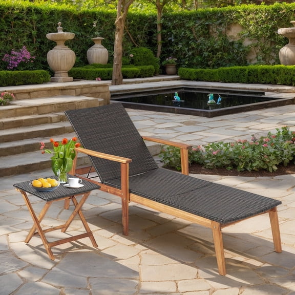 Resenkos Outdoor Chaise Lounge Chair, 2 Pieces Patio Chaise Lounge and Table Set with 4-Level Adjustable Backrest, Portable Recliner for Lawn Garden Beach Yard, Red