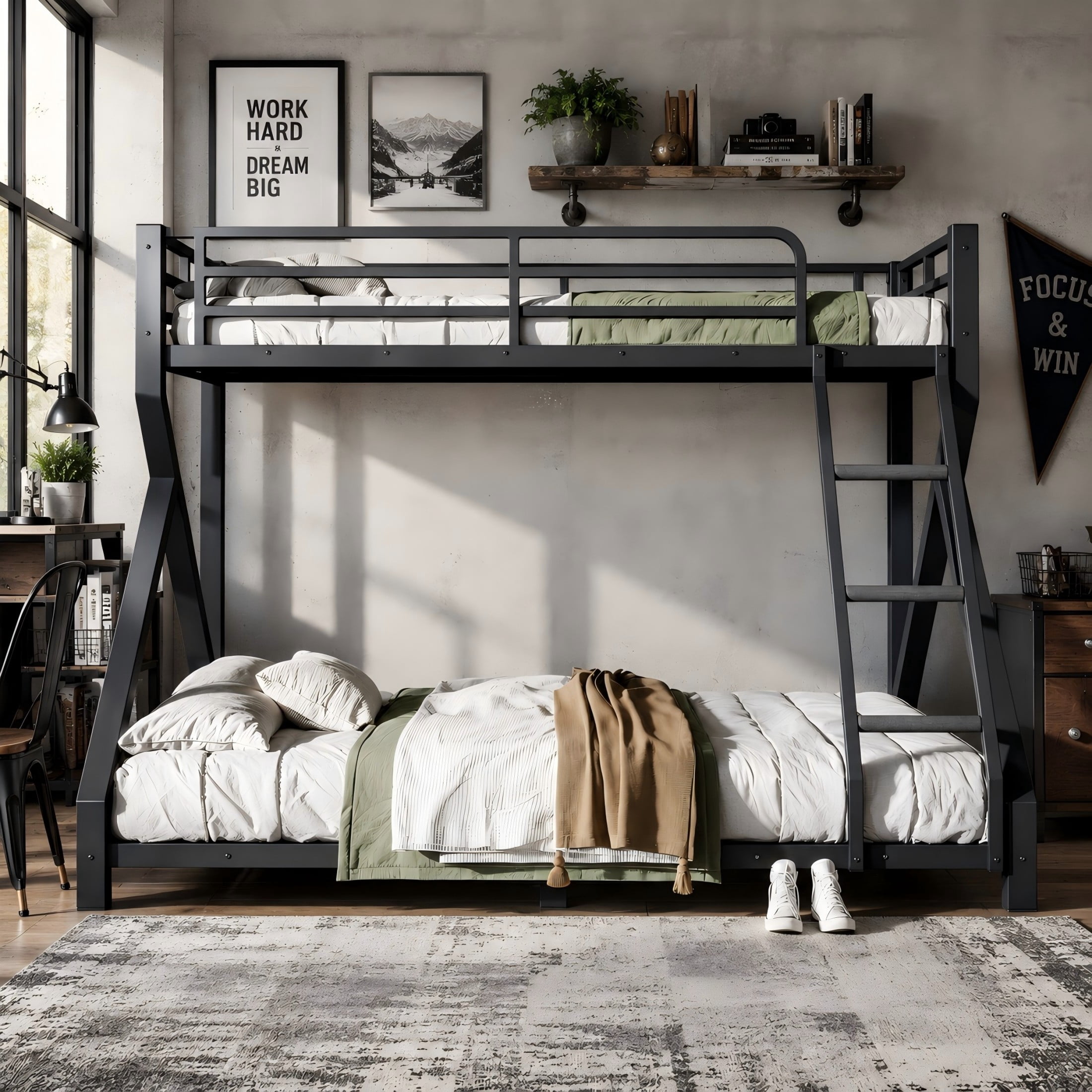 Aukfa Twin XL over Queen Metal Bunk Bed with Built-In Ladders, Low Profile Heavy Duty Bunk Bed with Reinforced Support Slats, No Box Spring Needed, Black