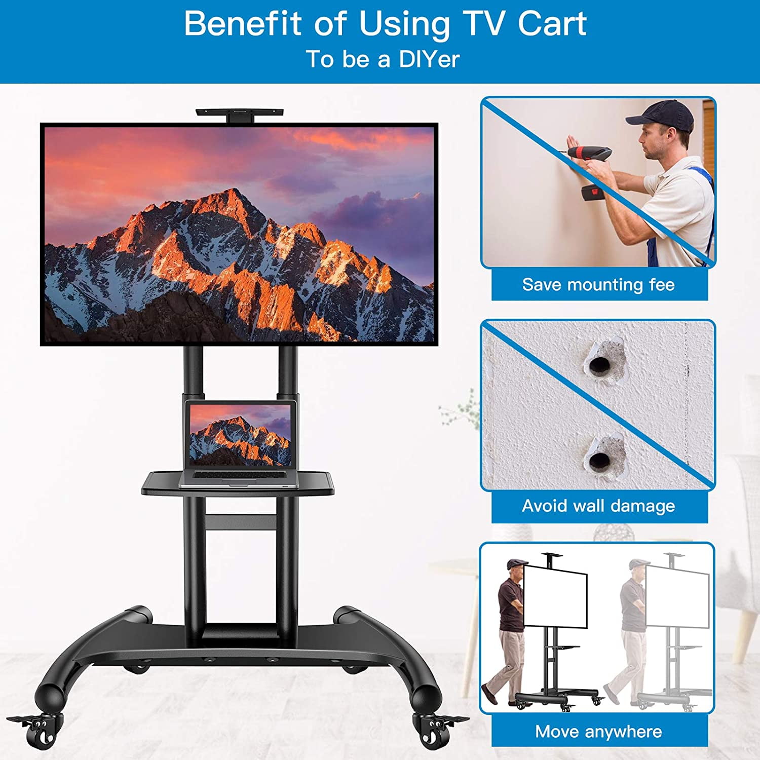 UL Certificated Rolling/Floor TV Cart Mobile TV Stand with Wheels for 32-70 inch LED LCD 4K Flat/Curved Screen TVs Height Adjustable TV Trolley with Shelf Up to 121 lbs Max VESA 600x400mm