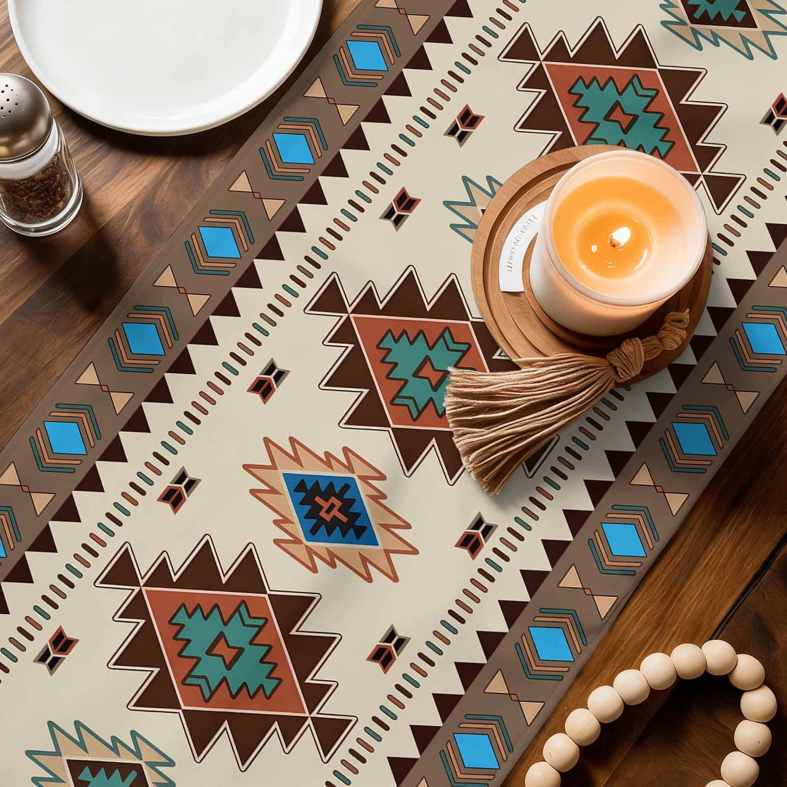 Boho Southwest Table Runner, Farmhouse Aztec Tribe Brown Blue Plaid Washable Cotton Linen Table Runners 90 Inches Long, Dresser Scarf Runner for Dining/Coffee/Kitchen/Hallway Tables 13''x90''