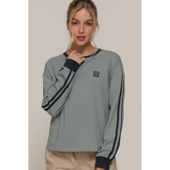 Women's Cotton Long Sleeve Tee Contrast Stripe Sleeve Embroidery Cropped Topã…¡Small
