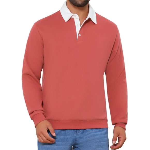 INSPIRE CHIC Men's Contrast Collared Long Sleeves Pullover Polo Sweatshirt L Red