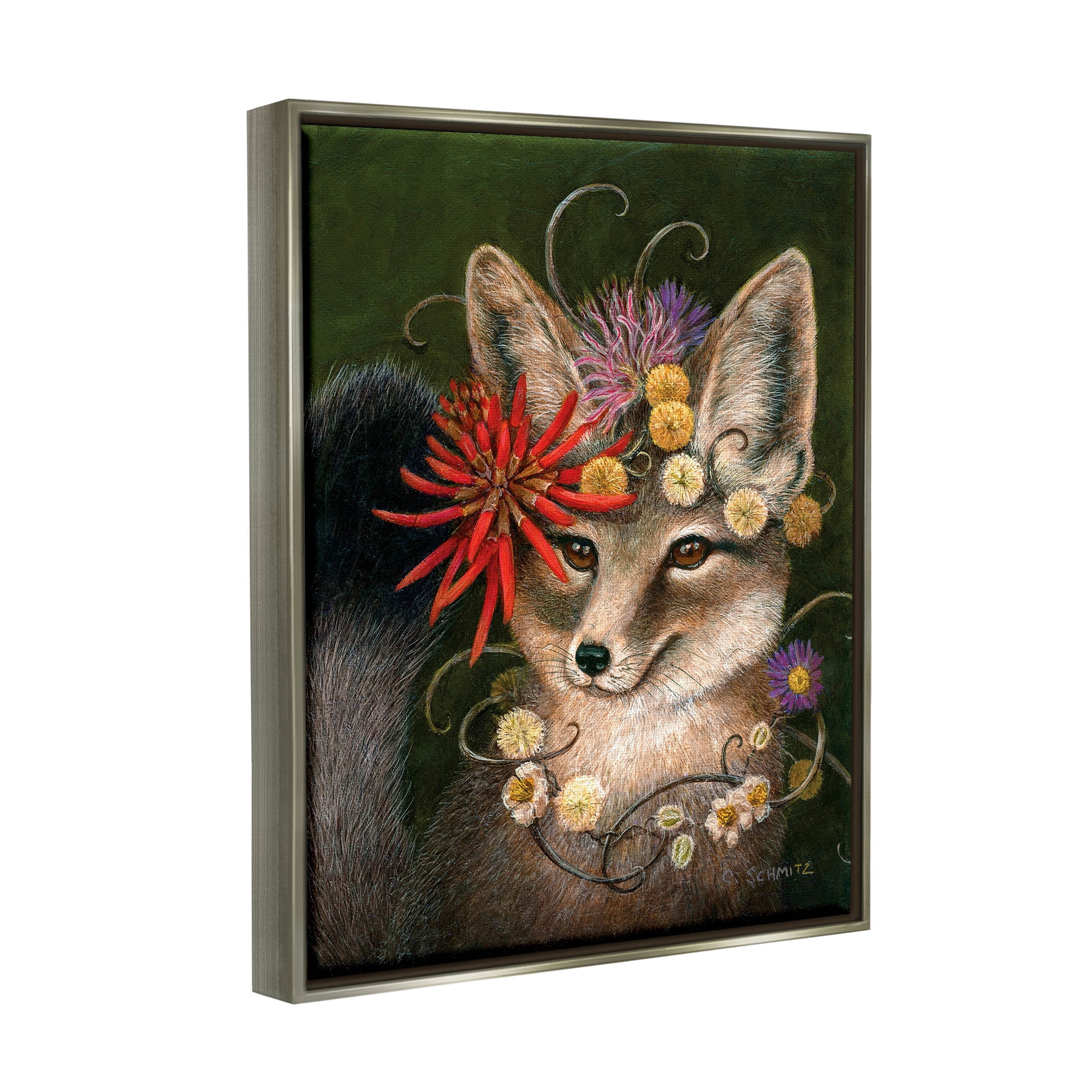 Stupell Industries Botanical Fox Flowers Painting Luster Gray Floating Framed Canvas Print Wall Art, Design by Carolyn Schmitz